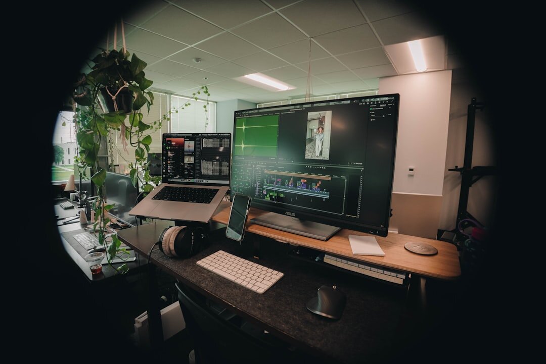 Professional live streaming desk with multiple monitors and cameras